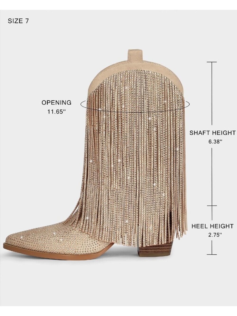 Women's Beige Embroidery Fringed Sparkly Stacked Heel Pointed Toe Cowgirl Boot - Picture 5 of 6